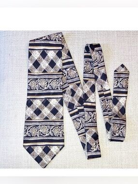 Pierre Cardin Paris vintage Italian silk tie, checkerboard paisley, black, tan